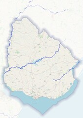 Uruguay physical map with important rivers the capital and big cities