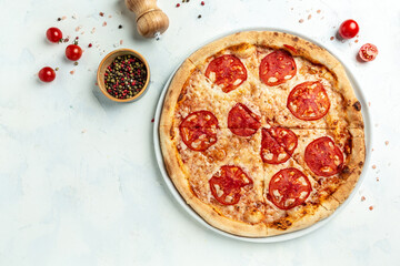 Pizza margarita on a light background, banner, menu, recipe place for text, top view