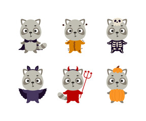 Cute Halloween raccoon set. Cartoon animal character collection for kids t-shirts, nursery decoration, baby shower, greeting card, invitation. Vector stock illustration