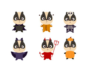 Cute Halloween badger set. Cartoon animal character collection for kids t-shirts, nursery decoration, baby shower, greeting card, invitation. Vector stock illustration