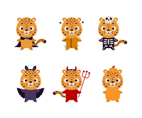 Cute Halloween cheetah set. Cartoon animal character collection for kids t-shirts, nursery decoration, baby shower, greeting card, invitation. Vector stock illustration