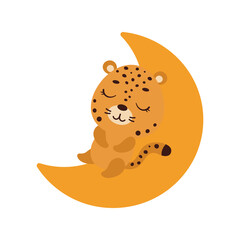 Cute little jaguar sleeping on moon. Cartoon animal character for kids t-shirt, nursery decoration, baby shower, greeting cards, invitations, house interior. Vector stock illustration © Jexy