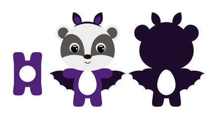 Cute die cut Halloween badger chocolate egg holder template. Cartoon animal character in a bat costume. Retail paper box for the easter egg. Printable color scheme. Vector stock illustration