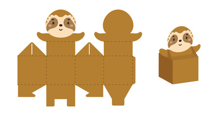 Simple packaging favor box sloth design for sweets, candies, small presents. Party package template for any purposes, birthday, baby shower. Print, cut out, fold, glue. Vector stock illustration © Jexy
