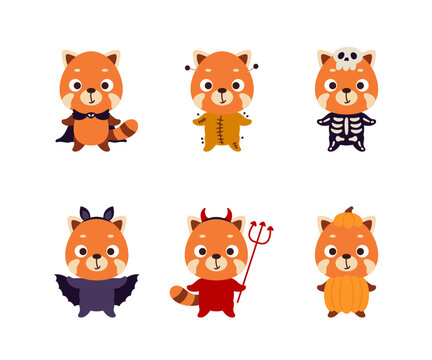 Cute Halloween red panda set. Cartoon animal character collection for kids t-shirts, nursery decoration, baby shower, greeting card, invitation. Vector stock illustration