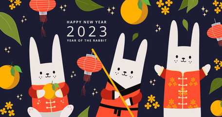 Chinese New Year 2023 banner design. Happy Chinese new year. Traditional design. Year of the rabbit. Happy new year