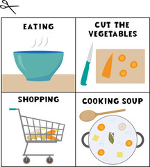 4 step sequencing cards game, cooking soup, cut out cards and sort them in right order, vector activity page
