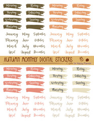 Autumn stickers set. Cute planner stickers. Organizer tags, Autumn colors Boho calendar icons. Check, days months label. Notebook stamps doodle, memo schedule sticker tag. PNG transparent background. - obrazy, fototapety, plakaty