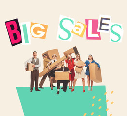 Contemporary art collage. Group of cheerful young people holding big boxes. Successful shopping, low cost stuffs