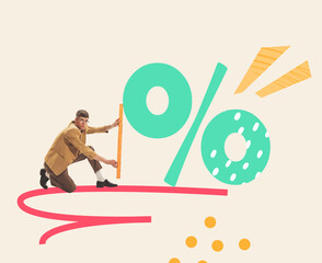 Contemporary art collage. Young man measuring percent sign symbolizing big sales on products