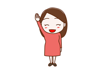 （全身正面）ハイ！と元気よく手を挙げて笑顔になる女性