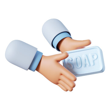 3d render. Cartoon character doctor washes hands with big piece of white soap. Hand hygiene rules reminder illustration. Clip art isolated on transparent background.