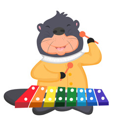 Otter playing music, cute animal play colourful xylophone , music instrument