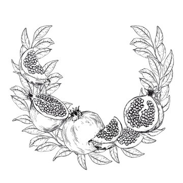 Demi wreath with pomegranate fruits and leaves. Black and white hand drawn vector illustration.