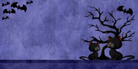 Halloween banner with set of cartoon illustration on very peri textured background. Trick or treat. Bat, cat, tree. Mystery and creepy.