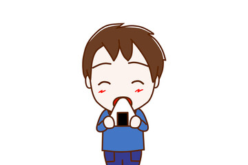 （上半身正面）おにぎりを笑顔で美味しそうに食べ始める少年