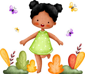 Watercolor Illustration cute girl in garden