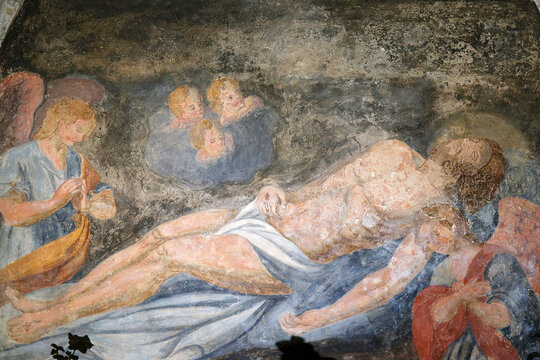 Dead Christ fresco in the crypt of the Capella dei SS. Vito e Marina, Puglia.
