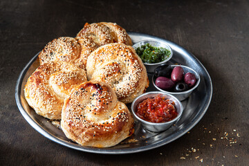 Mediterranean breakfast - burek with cheese feta and sauce