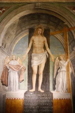 Sant'Ambrogio's basilica, Milan. Fresco in the Baptistery chapel : Risen Christ by Ambrogio da Fossano (15th c.).