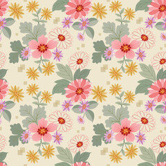 Blooming colorful flowers in seamless pattern. Can be used for fabric textile wallpaper.