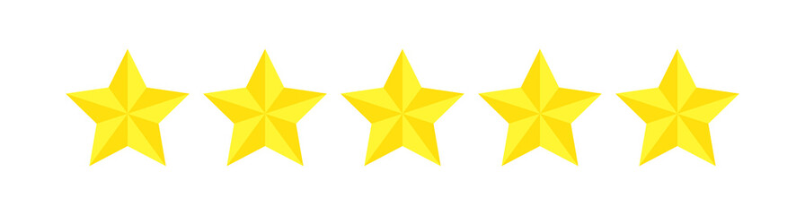 Five star rating, flat icon review for apps and websites. Yellow 5 star rank sticker isolated on a white background. For customer ratings or levels of food products, services, hotels, or restaurants.