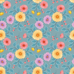 Fototapeta premium Blooming colorful flowers in seamless pattern. Can be used for fabric textile wallpaper.