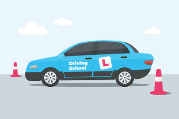 Driving school car with cones vector flat illustrations