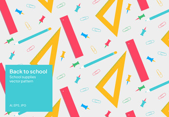 Back to school background and pattern. Vector set illustration. Rules, pin and supplies. Education, study, teacher, school supplies. Great for notebook, presentations, web, posters, wallpapers.