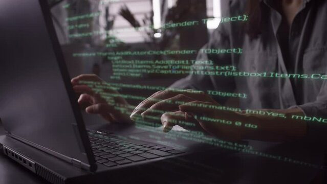 Programer hands busy working with augmented reality holograms of code