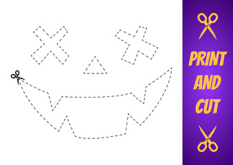 Print and cut template for Halloween. Pumpkin face cutting line, die kit for kids. Make funny face on pumpkin by stamp. Cut out by border stroke then paint silhouette. Carving face layout sample.