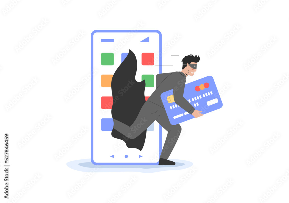 Poster concept of transaction security, cyber crime and hacker attack. cheater in face mask has stolen cred