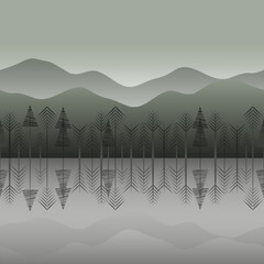 horizontal pattern with misty coniferous forest, lake reflection and mountains