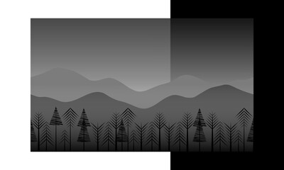 minimal monochrome illustration of misty coniferous forest and mountains