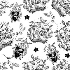 Book of spells seamless pattern. Halloween illustration. Witch magic book and potion. Hand drawn vector illustration. Sketch style.