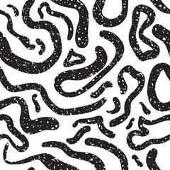 Abstract squiggle vector seamless pattern backdrop. Wide wavy doodle lines with grunge terrazzo texture. Black white backdrop. Coiling snaky loops repeat. Fun Memphis style design for packaging