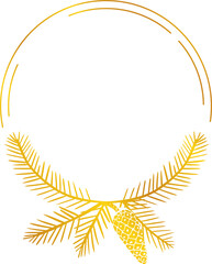 golden christmas wreath illustration with pine tree and cone