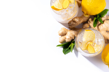 Refreshment Ginger Ale cocktail, Kombucha or Lemon Ginger iced lemonade drink. Sweet and sour alcohol drink copy space