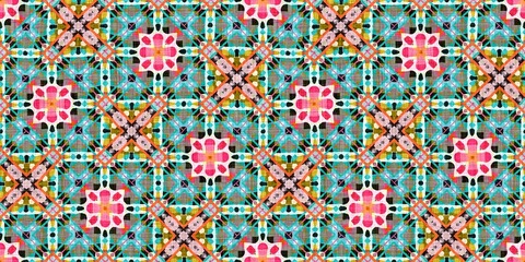 Kitsch pattern geometric retro design in seamless border background. Trendy modern boho geo in vibrant colorful graphic ribbon trim edge. Repeat tile for patchwork effect endless band.