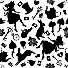 Wonderland seamless pattern. Black silhouettes Alice, rabbit, key, tea cup and teapot, roses and other  on a white background. Texture for fabric, wallpaper, decorative print - 527848654