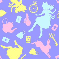 Wonderland seamless pattern. multicolor silhouettes Alice, rabbit, key, tea cup and other  on purple background. Texture for fabric, wallpaper, decorative print - 527848683