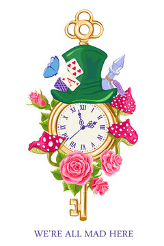 Alice in Wonderland poster, greeting card. Green hat, playing cards, pocket watch and key, roses, mushroom and poison on white background. We are all mad here