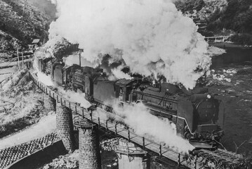 Old black and white photo of Japanese steam locomotive D51