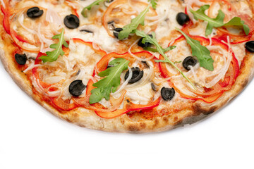 Pizza Close Up with sweet red pepper, olives, mushrooms and cheese isolated on white background. Copyspace. Top view