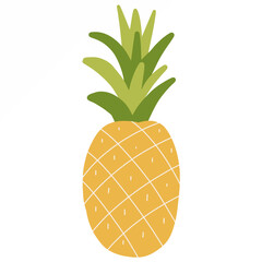 Yellow whole pineapple. Single tropical fruit. Flat graphic vector illustration on white. Vegetarian raw food in cartoon style.