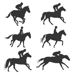Jockey riding horse silhouette, jockeys silhouette set 