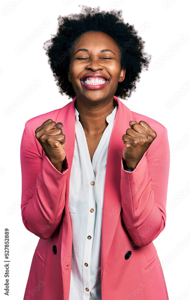 Sticker african american woman with afro hair wearing business jacket excited for success with arms raised a