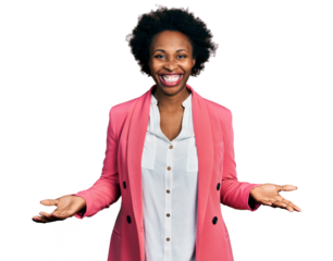 African american woman with afro hair wearing business jacket smiling cheerful with open arms as friendly welcome, positive and confident greetings