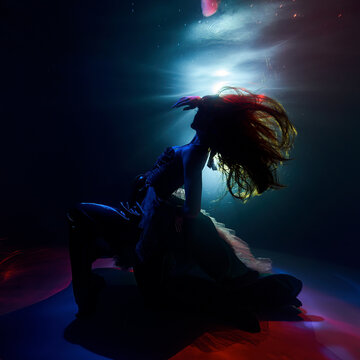 A Girl In A Beautiful Dress Dances In The Light Of Lanterns Under Water Ballet