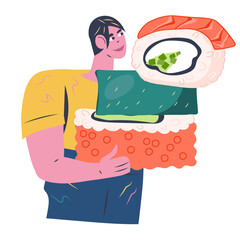 Man carrying sushi flat cartoon vector illustration isolated on white background. Japanese sushi restaurant personage.